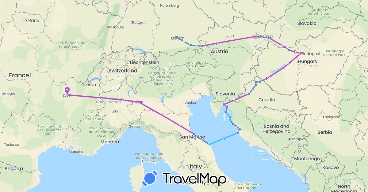TravelMap itinerary: driving, cycling, train, boat in Austria, Germany, France, Croatia, Hungary, Italy, Slovakia (Europe)